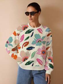 Shutterstock Glamance Glamance Shutterstock Apricot Floral Print Casual Elegant Modest Minimalist Women Long Sleeve Sweatshirt, Suitable For Everyday, Work, Outing, Office, Vintage, Travel, Christmas, Autumn/Winter Going Out Fall Chic Stylish Clothing Collection