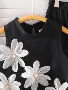 2-Piece Girls Floral Sleeveless Top And Loose Pants Fashion Set For Spring/Summer - Black - View 3