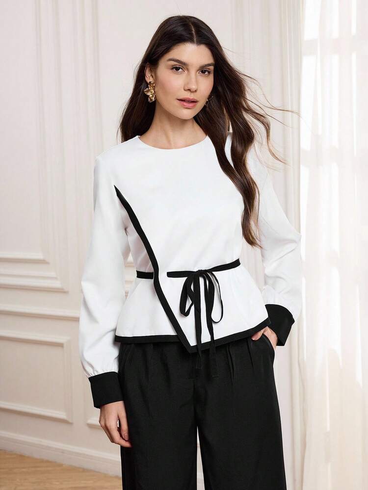 Autumn And Winter Women's Elegant Shirts, Black Contrast Stitching Shirts, Waist Tie Fashionable Shirts, Women's Going Out Tops White And Black Top Full Sleeve Top White Peplum Top Black Trim Top,Women's Fall Shirt,Chic Women's Shirt,White Top New Year
