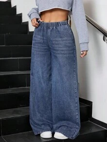 SHEIN Jeans azules de pierna recta y holgados para adolescentes - Azul lavado oscuro - Ver 3