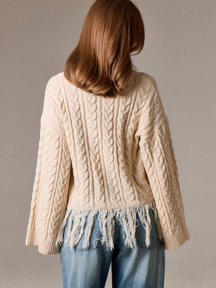 Cable Knit Fringe Hem Oversized Sweater