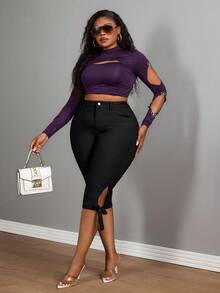 Slaydiva سراويل كابري ضيقة سكسية مع شق الكاحل والفيونكة للنساء ذوات الحجم الكبير باللون الأسود والمطاط - الأسود - مشاهدة 5