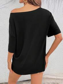 我爱 80 年代女式可爱迪斯科超大落肩短袖 T 恤 - 黑色 - 查看 2