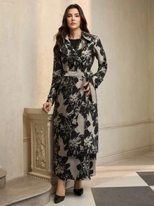 ZEYLAH 女士花卉提花面料翻领长袖优雅风衣 - 黑與白 - 查看 4