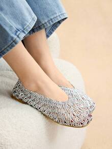 Rosivie Giày bệt khoét lỗ thêu dệt theo yêu cầu mới dành cho nữ, thời trang tối giản đa năng, phù hợp với mọi mùa và dịp, đi làm, đi nghỉ, phong cách Boho - Bạc - Xem 7