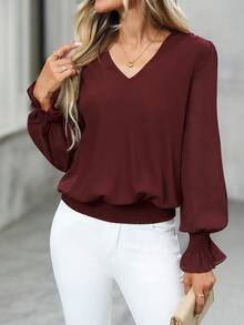 EMERY ROSE 女式纯色褶皱宽松时尚衬衫 - 酒紅色 - 查看 5