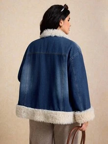 Elaquor Jachetă de catifea albastră din denim pentru mărimi mari, elegantă și călduroasă, franceză, haină casual și călduroasă, ținute de Ziua Recunoștinței, jachetă de zăpadă, haine de Crăciun - Spălare medie - Vizualizare 3
