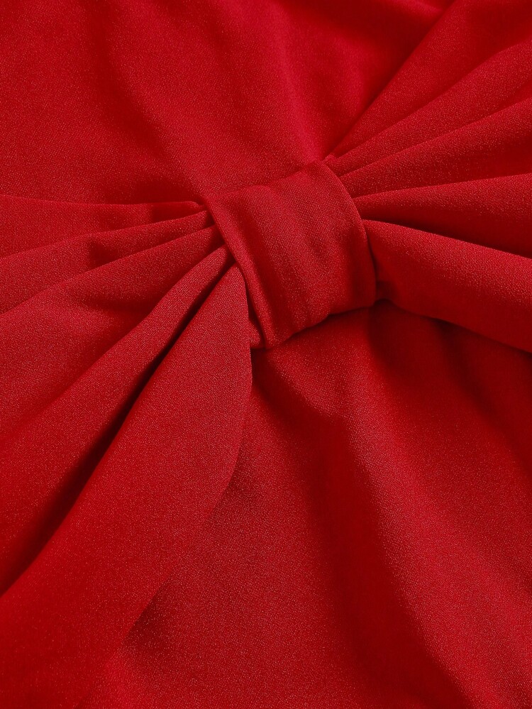 SHEIN Girlism Teen Girls Partywear Pink Party Dress Big Twist Bow Wrap Midi Dress Bridesmaid Dress Elegant Formal Evening Prom Wedding Guest Dress Suitable For Graduation Ceremony, Dinner Party Dress, Spring Festival,Christmas, Halloween Fall Winter Red Teen Dress Junior Bridesmaids Dress Red Midi Dress Elegant Dress - Red - View 7