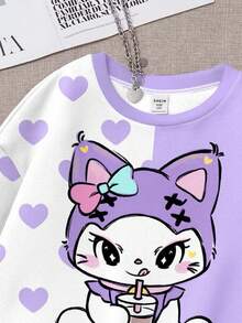 SHEIN Leap Crew Tween Girls Cute Bow, Cartoon Cat & Heart Pattern Pullover Sweatshirt, In Fall/Winter - Multicolor - View 4