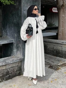 DAZY Floral Embroidery Loose Drawstring Tassel Tie Lantern Sleeve Casual Vacation Dress For Women, Autumn Long Sleeve Dress Modest Fashion - White - View 7