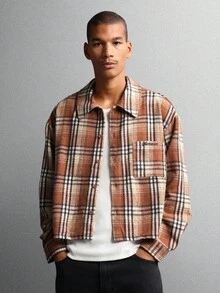 SUMWON Áo sơ mi kẻ caro cài nút vải nỉ cỡ lớn, tay dài, phong cách thường ngày, mặc đi làm, thu đông, họa tiết kẻ caro, túi áo - trái cam - Xem 3