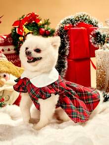 PETSIN 1pc Classic Plaid Print Cute Dog Dress With Puff Sleeves For Pet, Christmas - Red - View 5