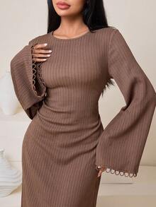 Veilorie Elegantes tailliertes Binde-Vorne Weite Ärmel Strick Dehnbar Midi Kleid, vielseitig für den täglichen Gebrauch - Braun - Übersicht 1