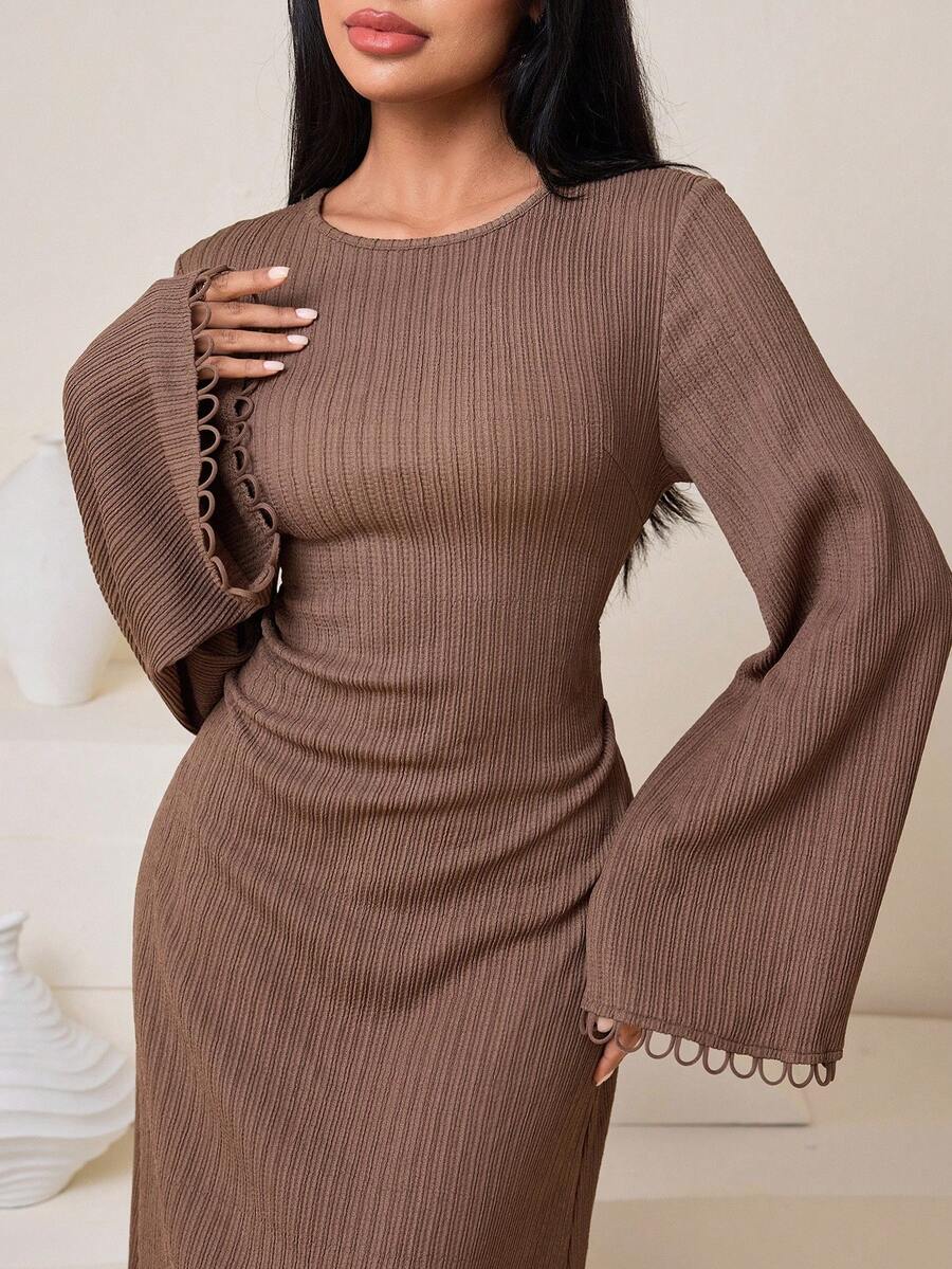 Veilorie Elegantes tailliertes Binde-Vorne Weite Ärmel Strick Dehnbar Midi Kleid, vielseitig für den täglichen Gebrauch - Braun - Übersicht 1