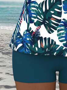 Swim Lushoire Conjunto de vacaciones a la playa con top de bikini de tirantes con estampado aleatorio y shorts de unicolor para mujer - Verde - Ver 7