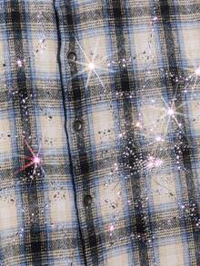 NEON BLANC Men's Street Fashion Woven Rhinestone Spider Web Plaid Short Sleeve Shirt - Blue - View 7