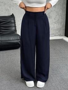 SHEIN EZwear 秋冬大码纯色褶皱阔腿宽松休闲裤 - 藏蓝色 - 查看 1