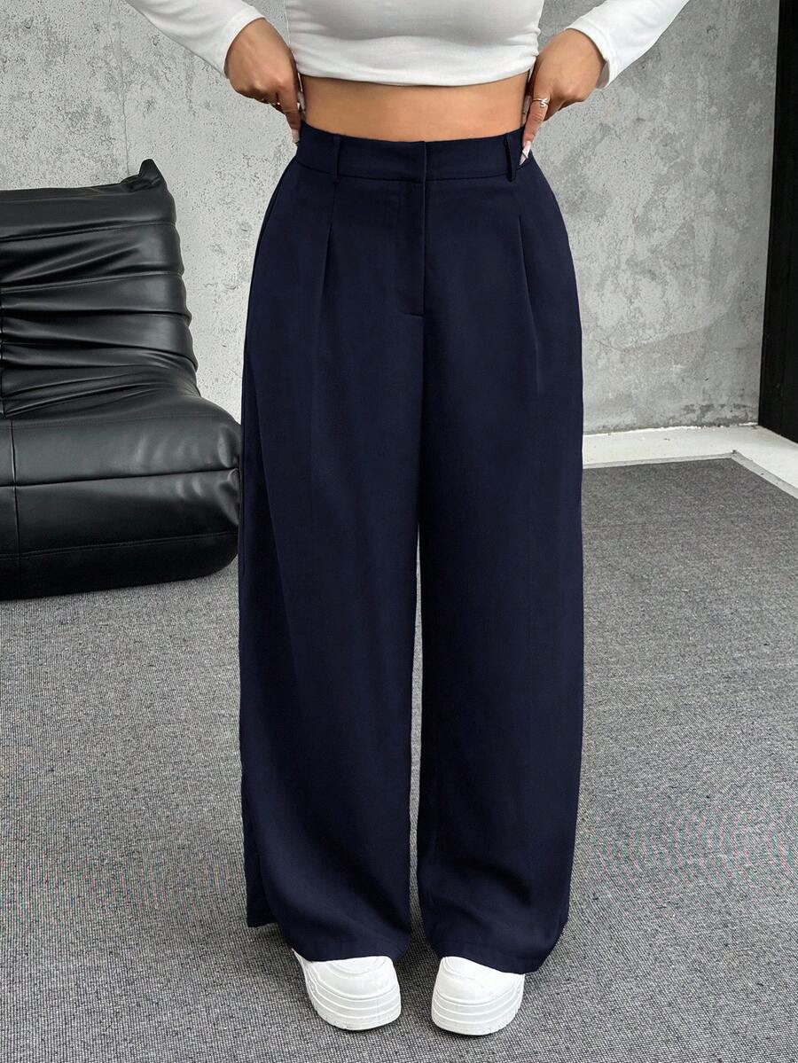 SHEIN EZwear 秋冬大码纯色褶皱阔腿宽松休闲裤 - 藏蓝色 - 查看 1