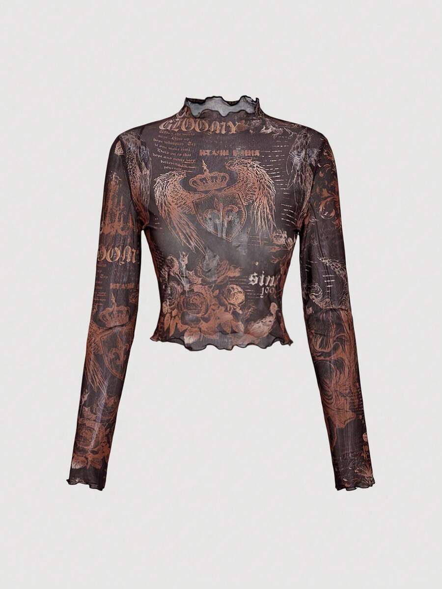 SHEIN MOD 棕色哥特式宫殿印花立领长袖修身 T 恤 - 棕色 - 查看 1