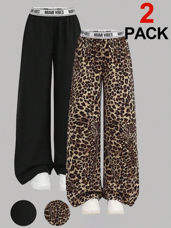 Girlism 2pcs Tween Girls High Waist Leopard Print & Solid Black Wide Leg Pants Set, Basic Casual Miami Vibes Pants Animal Print Pants Teen Pants Leopard Pants Fall Winter