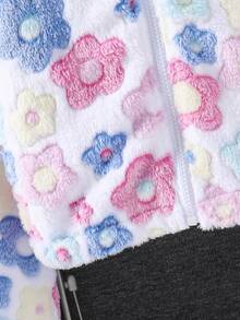 SHEIN 1 件女童花卉印花拉链立领毛茸茸夹克，秋冬休闲外套 - 彩色 - 查看 6