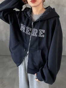 FRIFUL Women's Material Patchwork Plaid Patchwork Front Letter Embroidery Decor Loose Fit Thermal Lined Cropped Sweatshirt, Autumn Jacket Hoodie