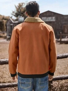 Manfinity Nomadique Men's Contrast Color Sherpa Collar Zip Front Casual Jacket Men Jackets Casual Men Bomber Jacket , Fall - Brown - View 2