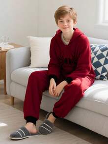 Boys Burgundy Spider Graphic Hooded Long Sleeve One-Piece Pajamas With Zipper Warm And Cozy Sleepwear For Kids Fall Winter - Burgundy - View 2