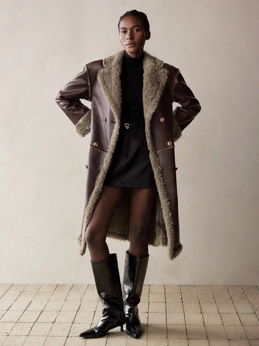 SHEIN Maija 女士时尚仿保暖内衬夹克，秋冬 - 咖啡棕 - 查看 1