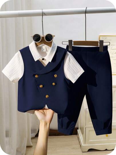 SHEIN 男宝宝绅士风夏季百搭套装 - 灰色背心外套，松紧腰长裤套装，适合生日派对、晚宴、演出、婚礼、迎婴派对、洗礼、一周岁生日庆祝等场合。男宝宝西装，藏蓝色男宝宝套装，18个月男童西装，绅士风穿搭，男宝宝背心套装，藏蓝色，适合秋冬季穿着。