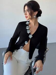 Firerie Women's Elegant Party 3D Floral Graduation Sweater Top, Neck Solid Color Knitted Cardigan,Halloween Costumes ,Wedding Guest For Women Autumn/Winter,Fall Clothes For Women,Knit Sweater, Comfortable & Elegant, Suitable For Dating, Casual, Travel In Autumn/Winter,Festival Party Outfits For Women Black Cardigan Cropped Cardigan