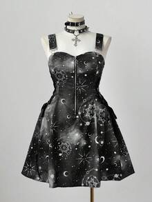 Sunspun New Fashionable Versatile Holiday Fantasy Starry Sky Print Patchwork Ruffle Tie-Up Waist Decor Zipper Front Cami Dress With Mini Skirt For Women