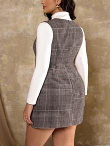 SHEIN PETITE CURVE Plus Size V-Neck Plaid Sleeveless Dress, Artistic Houndstooth Tank Dress, Autumn/Winter Vest Dress Vest And Skirt Set Tweed Dresses For Women Wednesday Addams Tweed Blazer Skirt Set Blazer Dress For Women Autumn Plus Size