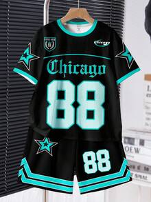 SHEIN 2pcs/Set Teen Boy Casual Classic Cool Baseball Sports Style, Number 88, Gothic Chicago Text, Star Graphic Print Short Sleeve Crew Neck T-Shirt And Shorts, Suitable For Summer - Multicolor - View 2