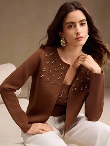 Anewsta 串珠水钻针织开衫 秋季、秋季、外出、优雅、正式、派对、别致、新年、圣诞节、工作、毕业、婚礼 - 棕色 - 查看 5