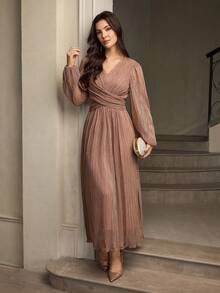ZEYLAH 优雅派对闪光V领褶饰腰部连衣裙 - 藕粉色 - 查看 1
