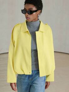Aveloria Modichic 女式蝙蝠翼领纯色粗花呢通勤时尚飞行员夹克 - 黃色 - 查看 3
