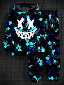 SHEIN 兒童 2 件組青少年男孩發光印花連帽衫與冬季長褲套裝，黑色，秋季，街頭風，城市度假，Y2K 萬聖節藍色火焰運動套裝 - 黑色 - 查看 6