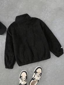 PAVTROS Chaqueta de forro polar con bordado de estrella de cinco puntas y letra para niños de corte holgado, suave y versátil, adecuada para otoño, primavera, invierno, uso diario, ir y venir, al aire libre, deportes, escuela, ropa urbana, fiestas, fotografía - Blanco y Negro - Ver 2