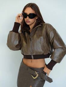 SHEIN ICON 女式复古街头风格翻领短款宽松棕色 PU 皮夹克，秋冬 - 棕色 - 查看 6