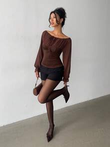 Aloruh Blouse de bureau en mousseline de soie plissée et bicolore avec nœud, couleur café - Marron - Voir 7