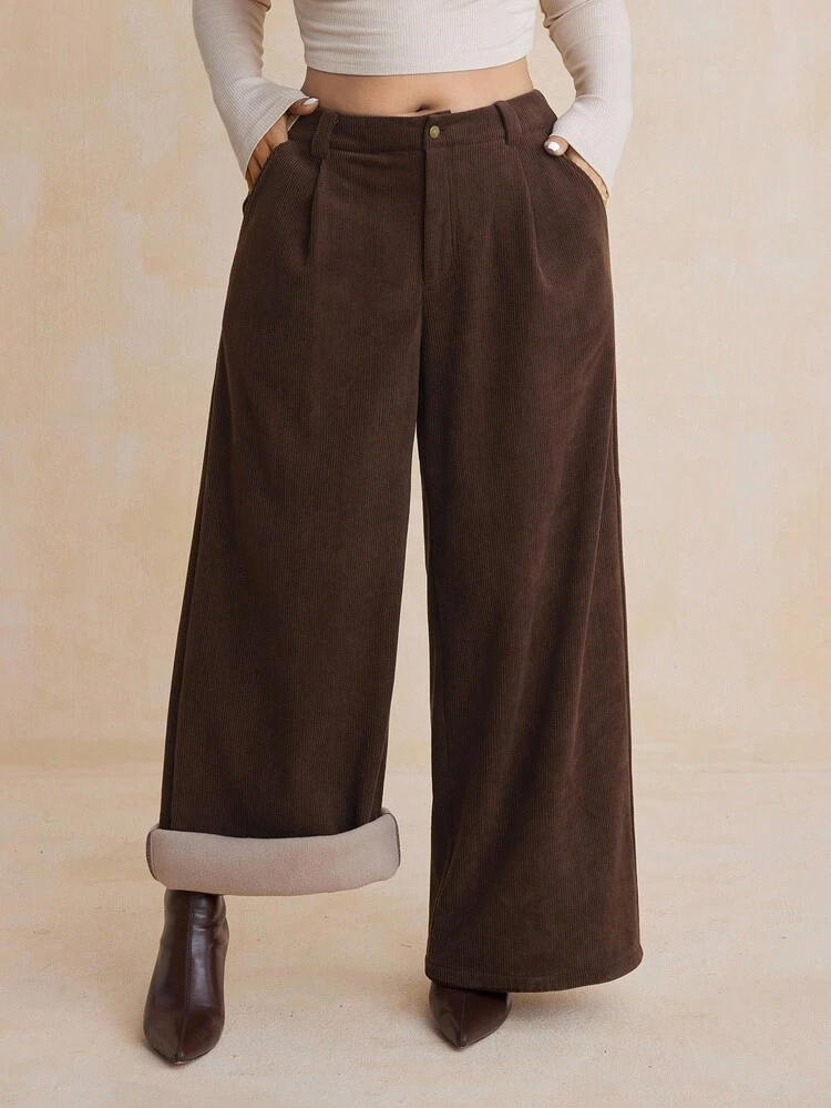 Dazy Plus Corduroy Thickened Loose Wide Leg Casual Pants, Plus Size For Women, Autumn/Winter Thermal Lined