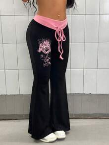 SHEIN PETITE 女式朋克风格撞色腰带印花喇叭裤 - 黑色 - 查看 4