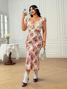 Dreamara Plus Size Women's Romantic Vintage Lace Cap Sleeve Floral Print Cinched Waist Maxi Dress, Spring,Beach Dress Sundress,Holiday Outfits Boho - Multicolor - View 4