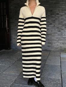 DAZY Women's Casual Loose Contrast Striped Half-Placket Sweater Dress, Autumn - Beige - View 4