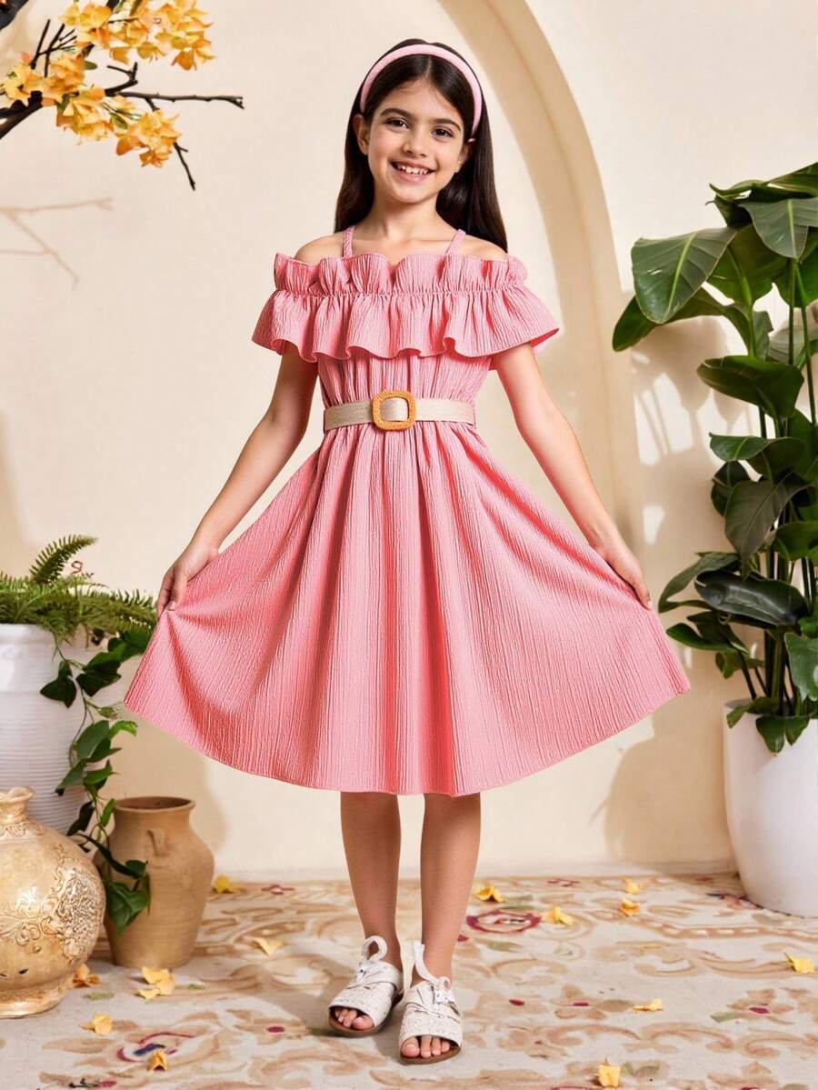 Cô gái Tween Vai lạnh Viền Ruffle Váy có thắt lưng - Hồng - Xem 1