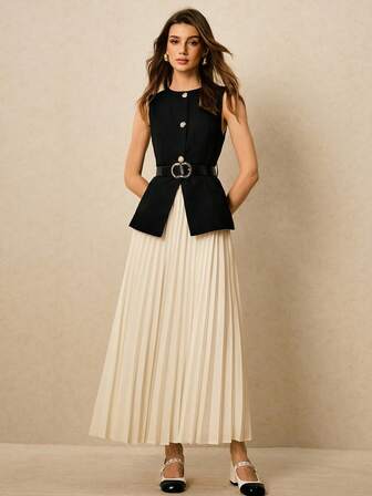 Poéselle 女士纯色圆领无袖前扣时尚百搭西装套装秋冬女装