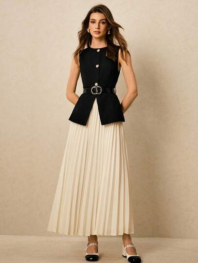 Poéselle Women's Solid Color Round Neck Sleeveless Front Button Fashionable Versatile Suit Set Summer Clothes For Women, Pleated Skirt Set, Vest And Skirt Set Corporate Formal Black Elegant