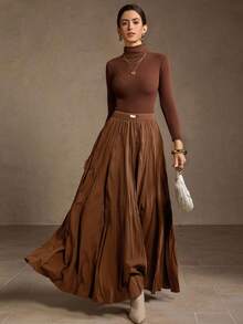 MOTF PREMIUM WOMEN'S ELEGANT PLEATED FLARED FLOWY SKIRT - Brown - View 1