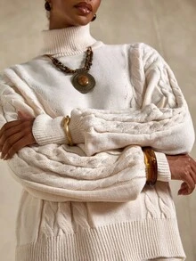 Bóhologie Casual Crew Neck Oversize Crew Round Neck Balloon Sleeve Cable Knit Cozy Comfy Warm Touch Sweater & Wide Leg High Waist Knit Pants Pyjama Comfy Look For Fall Winter Women Outfits Cream Outfit Women Two Pieces Set Women Knit Two Pieces Set Women's Knit Set Cream Two Pieces Outfit - Apricot - View 7